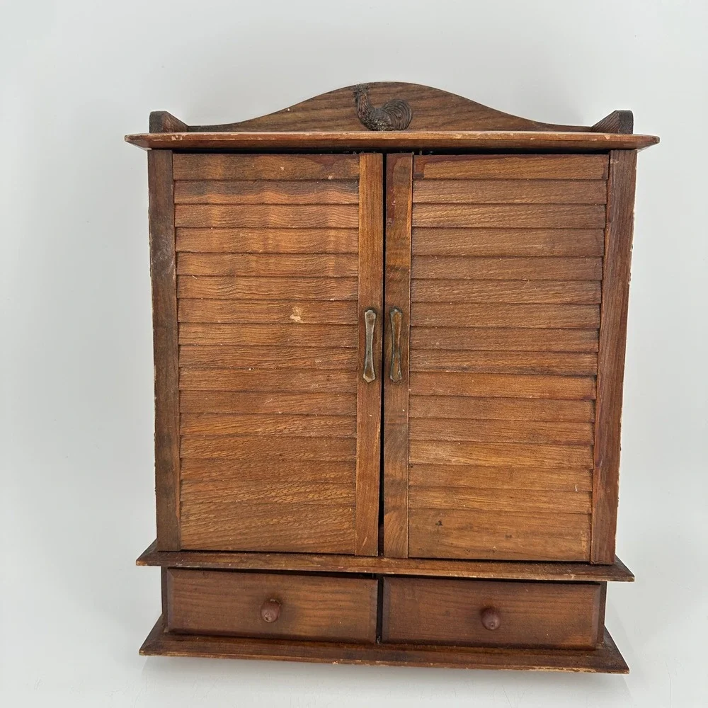Vintage Wooden Spice Rack Cabinet with 12 Glass Jars Rooster Farmhouse Decor